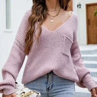 solid loose women sweater pullover knitted autumn stripe deep v neck long raglan sleeve female sweater hollow out fall jumper