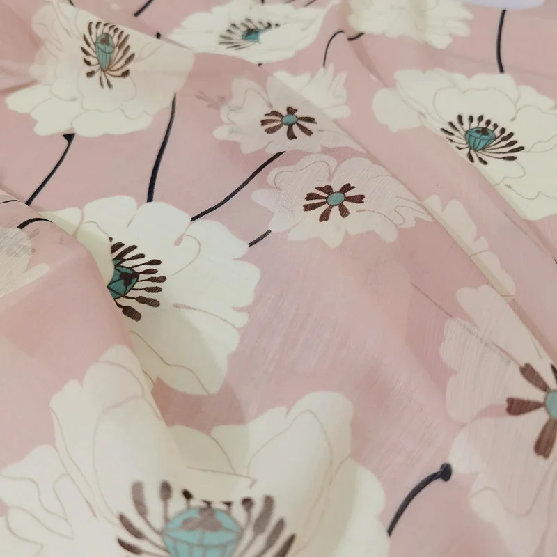 one meter Summer new pink Chiffon fabric Printing and dyeing of white flowers tissu Dress shirt fabrics