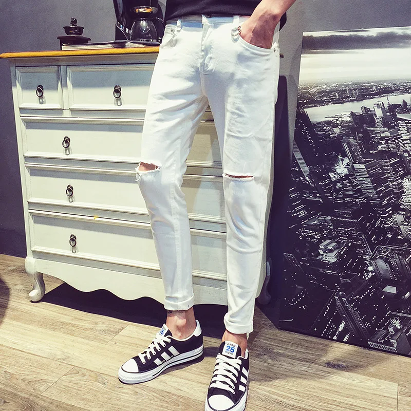 Джинсы мужские тонкие рваные в стиле хип-хоп модные брюки Slim Fit повседневные