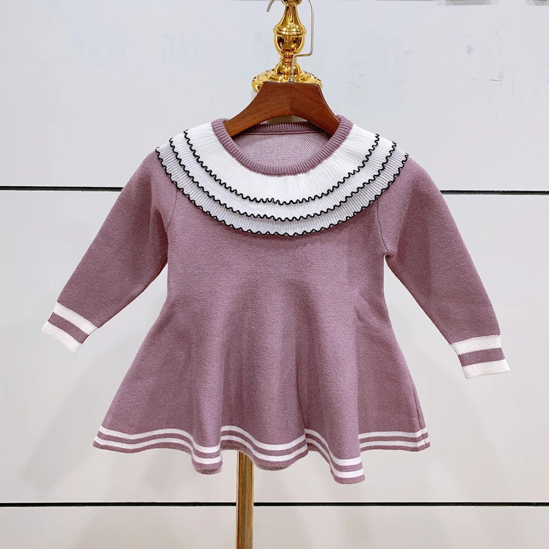 

New Baby Girls Sweater Knitted Dress Children Warm Sweater Dress for Girls Infant Casual Pure Color Pleated Princess Dress