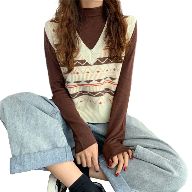 

Vintage Knitted Vest Women's Pullover V-neck Loose Casual Sleeveless Sweater Shirt Spring Autumn Embroider Female