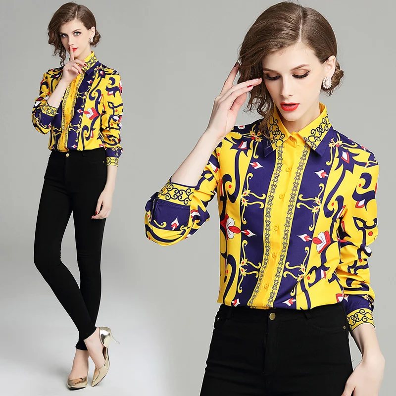 

Print Women's Blouse Loose Polo Girl's Shirt Summer Season Long Sleeve Top Fashion Casual Clothing Lady Blusas Houthion