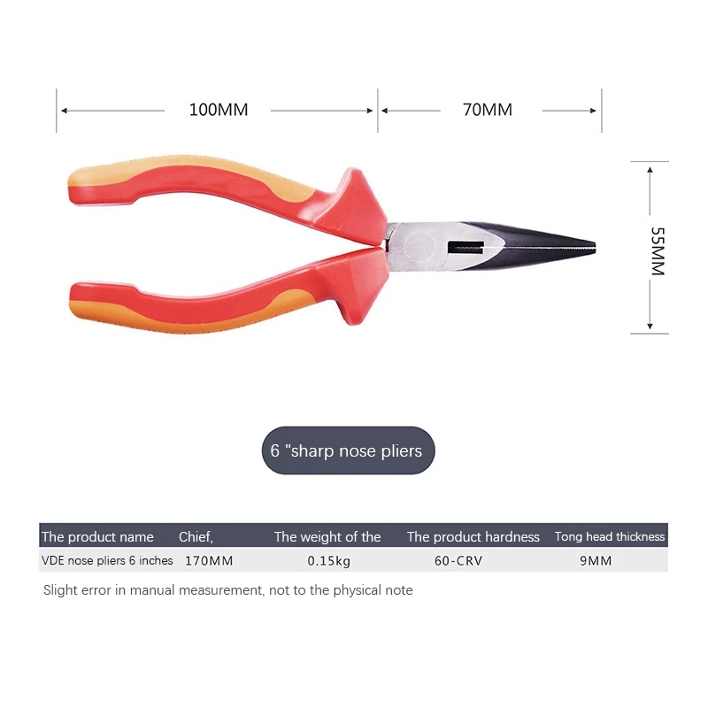 

1000V x 6 Inch Precision Wire Extension Cable Cut Long Nose Pliers Diagonal Nose Pliers Repair Tool Insulation
