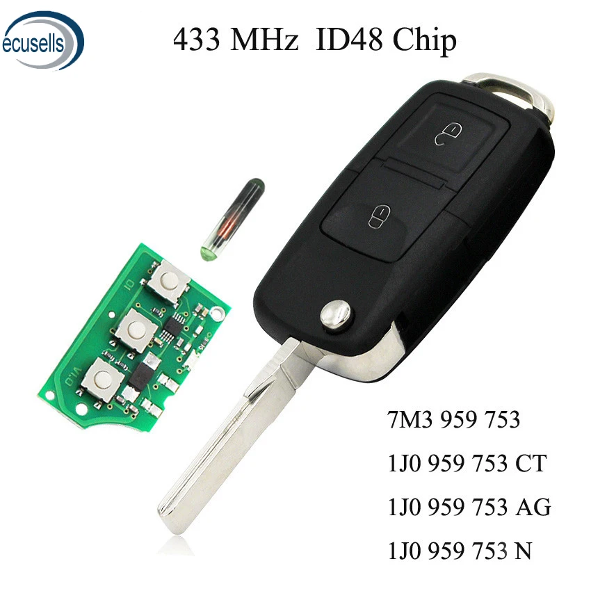 2 кнопки 433/434 Мгц дистанционный ключ 1J0 959 753 CT/AG/N с чипом ID48 для VW Bora Polo Golf MK4|Ключ от