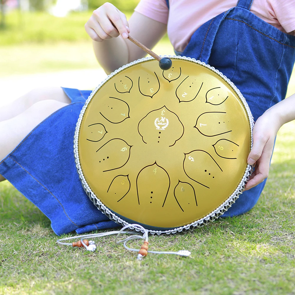 

M MBAT Steel Tongue Drum 13 Inch 15 Tone Ethereal Hand Pan Tank Drum Golden Percussion Instrument Yoga Meditation Musical Gift