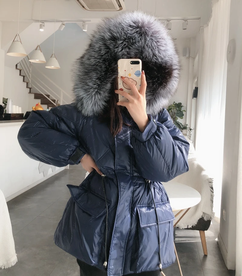 

White Duck Down Silver Fox Large Fur Collar Down Coat Women 2020 New Korean Short Warm Parkas Women's Down Jacket black coats