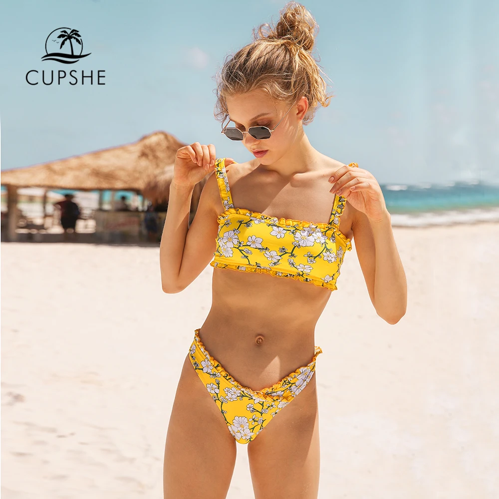 CUPSHE желтый цветочный бандо Бикини комплекты Для женщин сладкие Двойка купальник в стиле «Бохо» для маленьких девочек; купальные костюмы