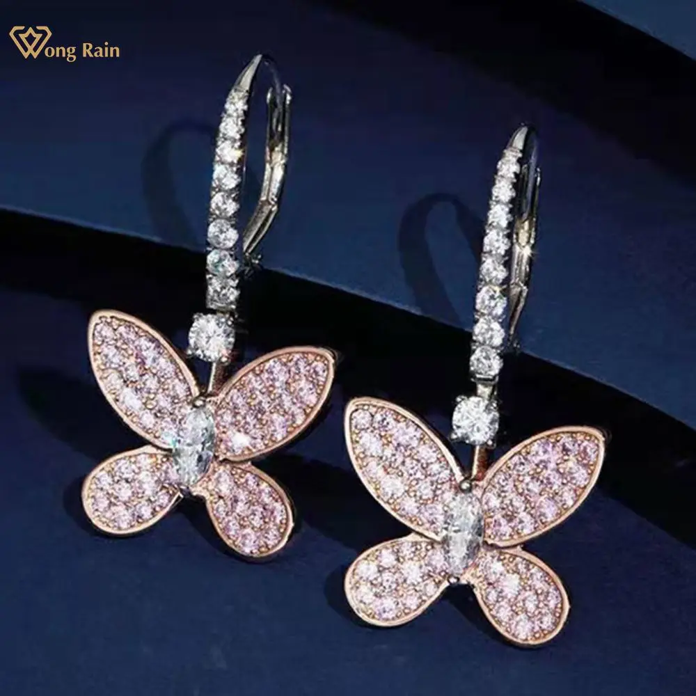 

Wong Rain, 100% Стерлинговое Серебро 925 пробы, моиссанит, драгоценный камень, свадебные помолвки, розовое золото, милые серьги-подвески с бабочками...