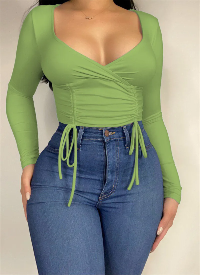 

Футболка женская однотонная на шнуровке, пикантный облегающий пуловер с глубоким V-образным вырезом и длинным рукавом, уличная одежда, весн...