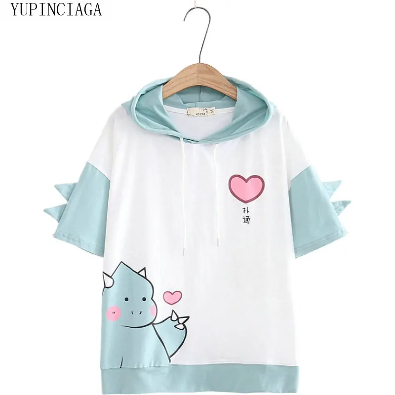 Женские футболки с капюшоном и мультипликационным принтом динозавра в стиле