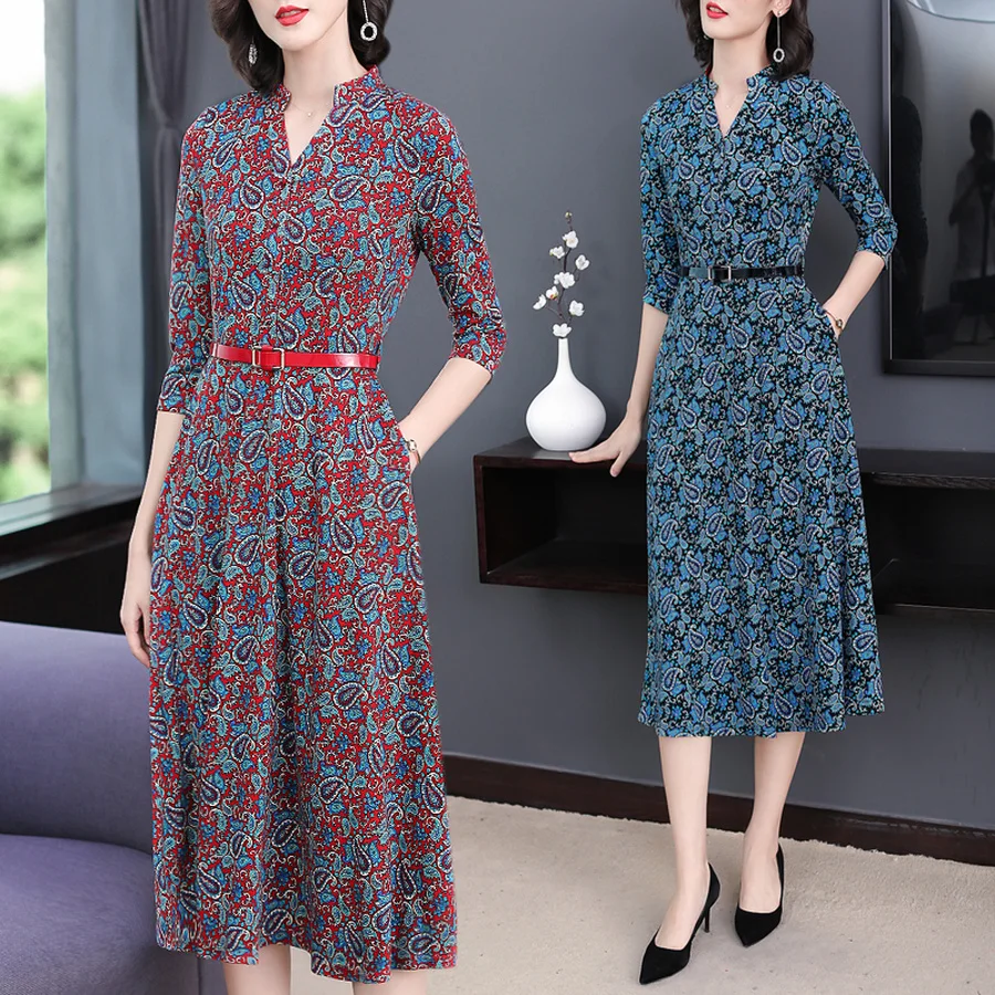 Женские винтажные красные платья миди с принтом Осень зима новинка 4XL размера