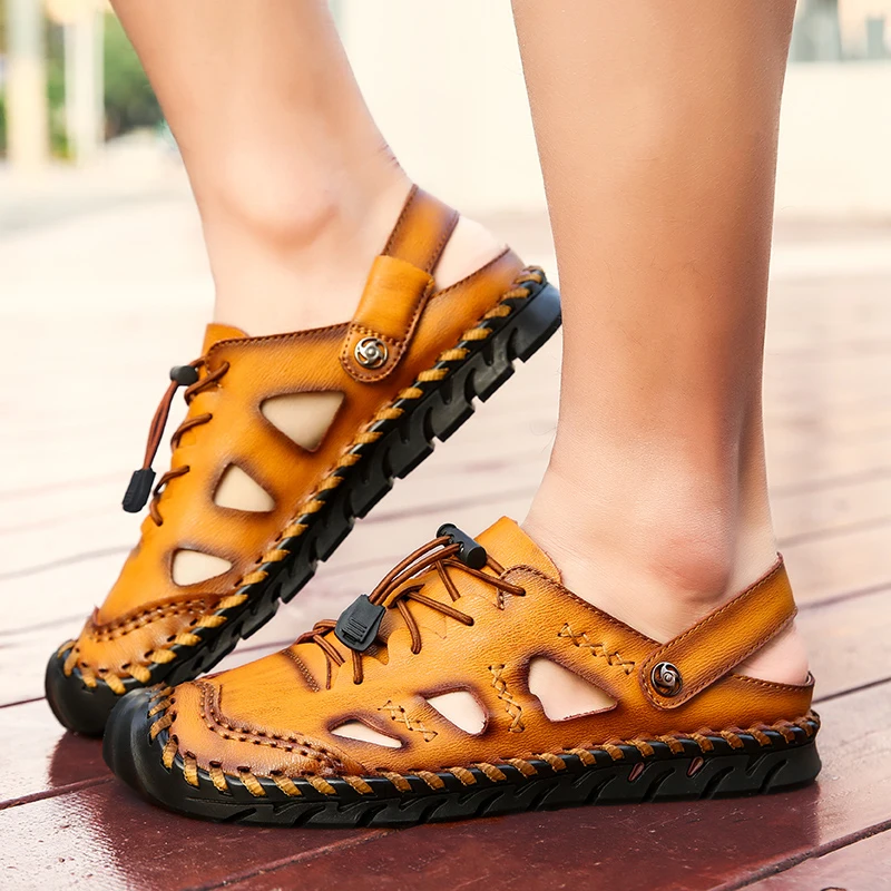 Сандалии мужские с закрытым носком натуральная кожа пляжная обувь для отдыха