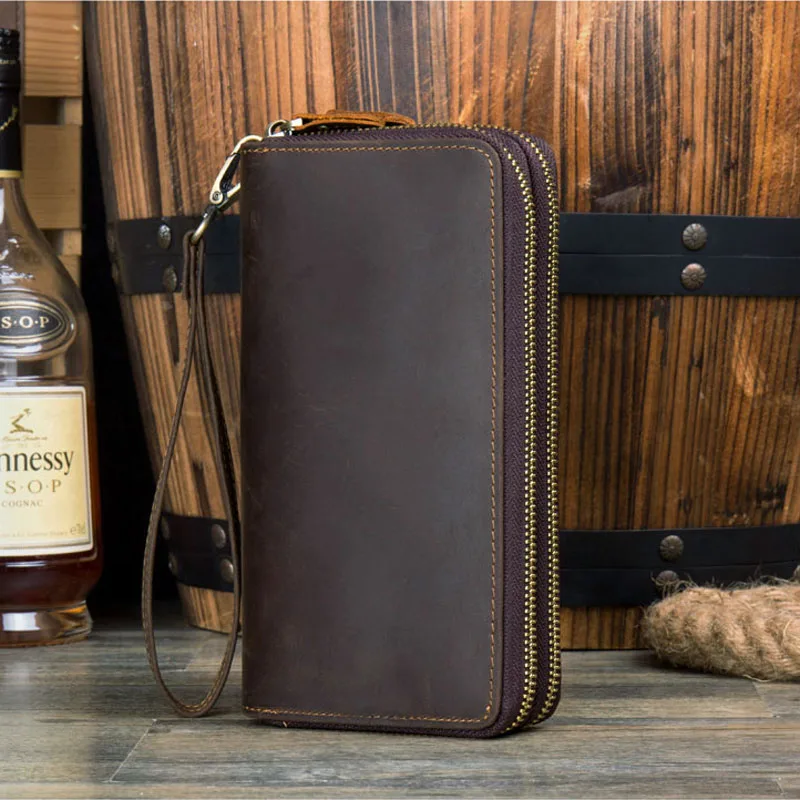 Мужской длинный кожаный бумажник crazy horse с двойной молнией, мужской кошелек в деловом стиле, повседневный мужской кошелек из натуральной коровьей кожи