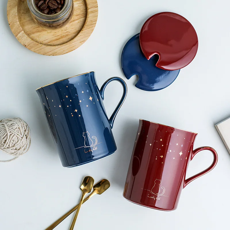 Керамическая кружка с котом и звездным небом крышкой ложкой винтажная