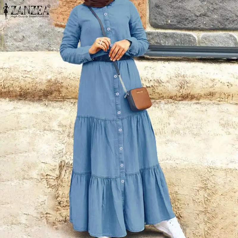 Женское осеннее платье ZANZEA с оборками, модное джинсовое синее платье-рубашка, повседневное турецкое платье, женское мусульманское платье н...