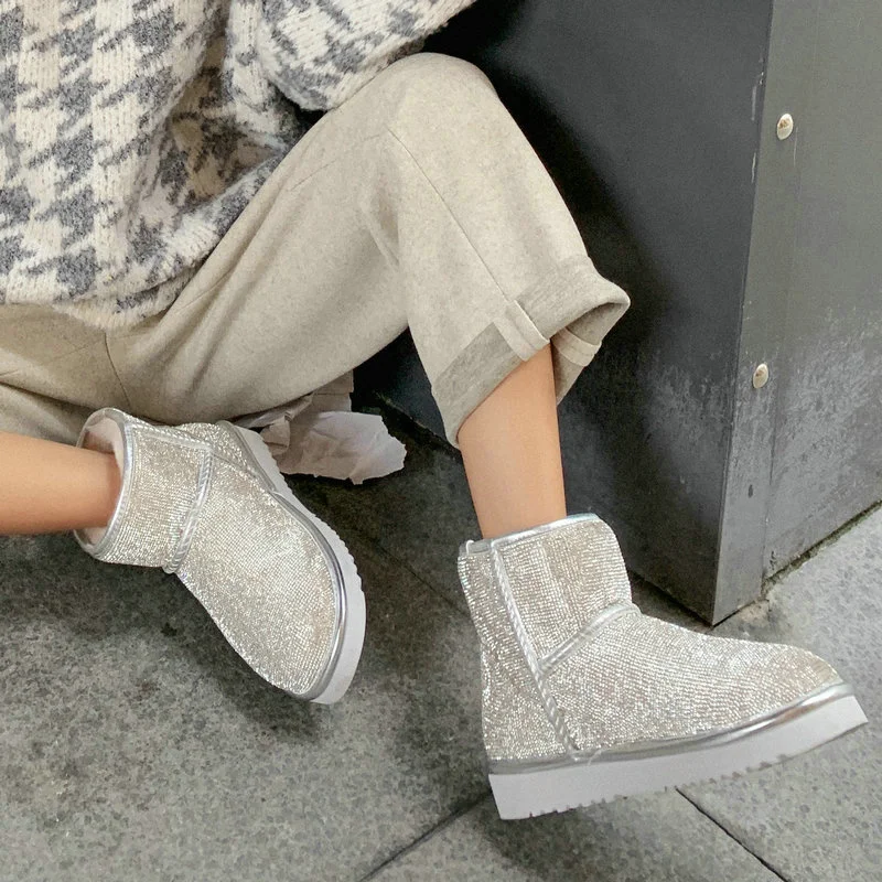 

EshtonShero Women Snow boots warm plush boots square heels ankle boots Bling Silver women shoes winter shoes woman Size 3-9