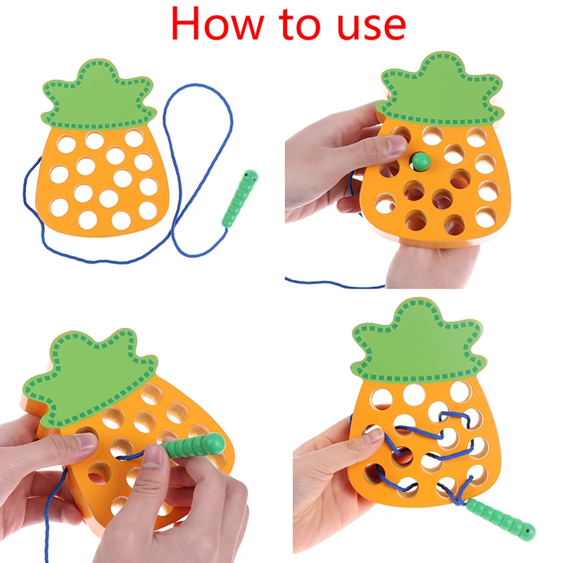 

Puzzle Wooden Toy Threading Game Insects Wear Rope Interesting Worm Eat Fruit Apple Copy Montessori Early Education Baby Toys