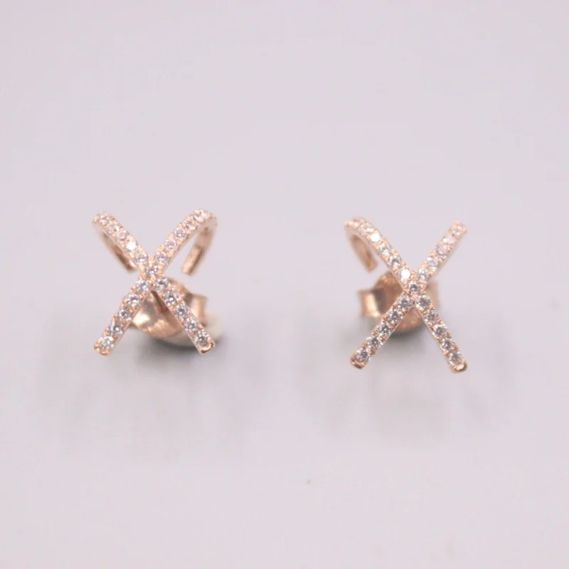 

Pure 18K Rose Gold Earrings Women Gift Lucky Zircon Cross Stud Earrings / 1.8g / 13*12mm AU750