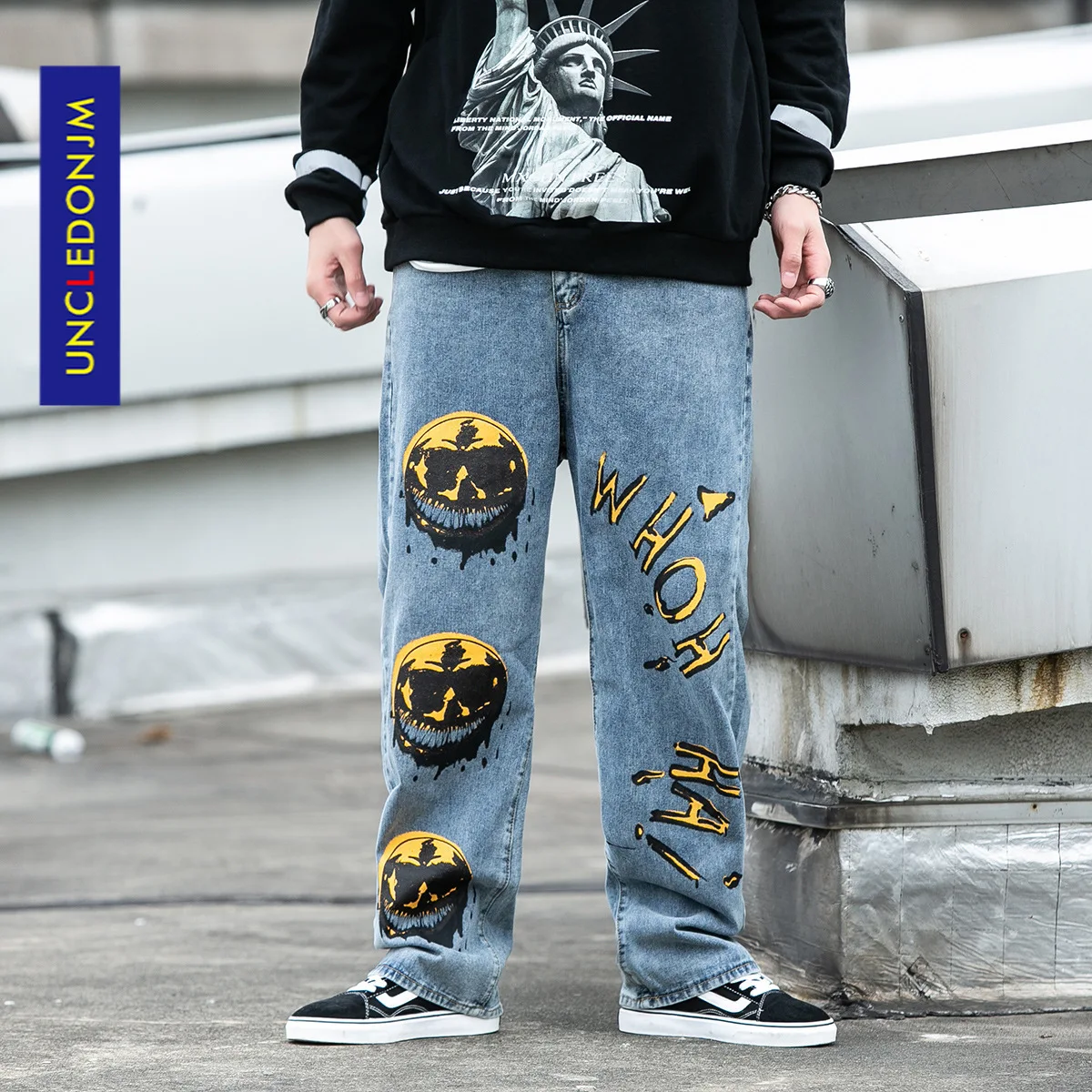 UNCLEDONJM 2020 уличные мужские свободные джинсовые брюки с принтом граффити черные