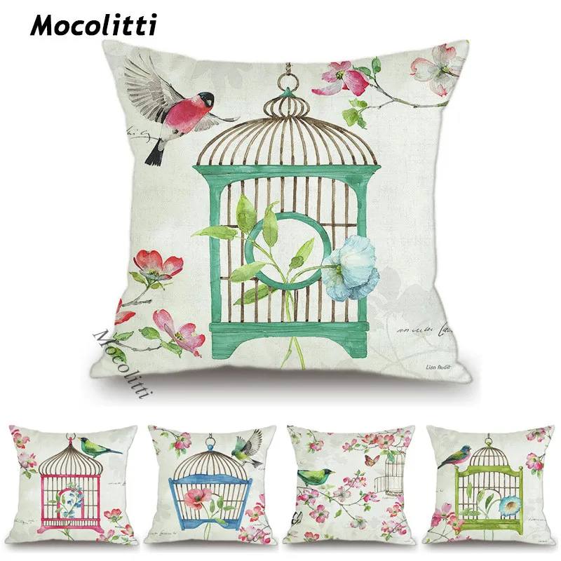 

Скандинавский чехол для диванной подушки акварельного цвета с рисунком птицы в клетке бархатная наволочка для подушки