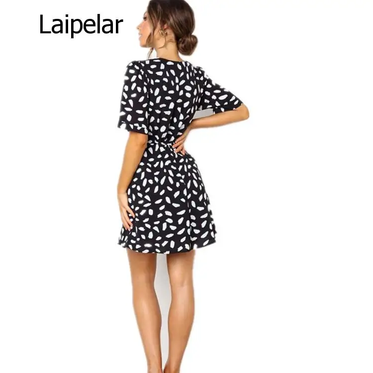 

White Sand Spot Mini Summer Dresses Women V Neck Casual Beach Sundress Sexy Botton Wrap Bodycon Dress Female