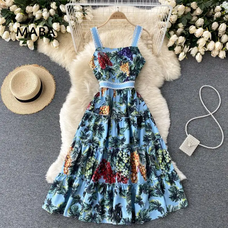 

High quality sexy beach dress women sleeveless off shoulder high waist retro print tea dress MIDI Vestidos spaghetti strap dress