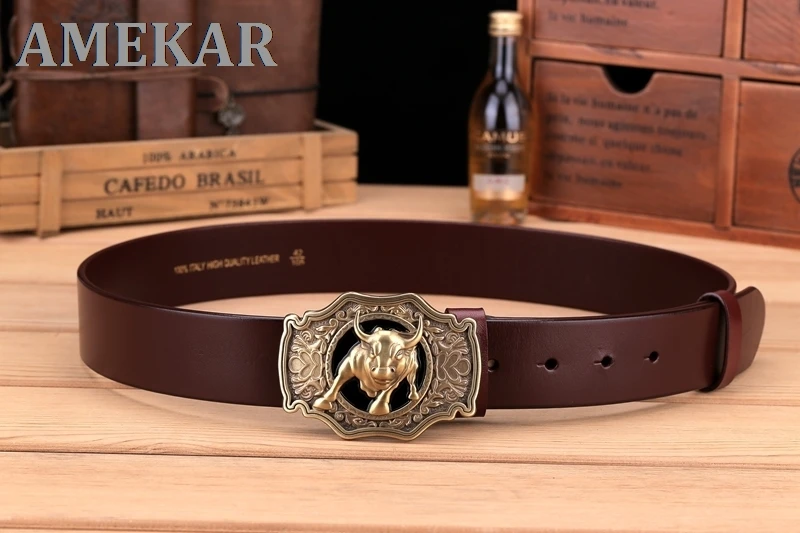 

Solid brass buckle full grain cowhide 100% genuine leather designer belt men high quality luxury cowboy brown black camel real