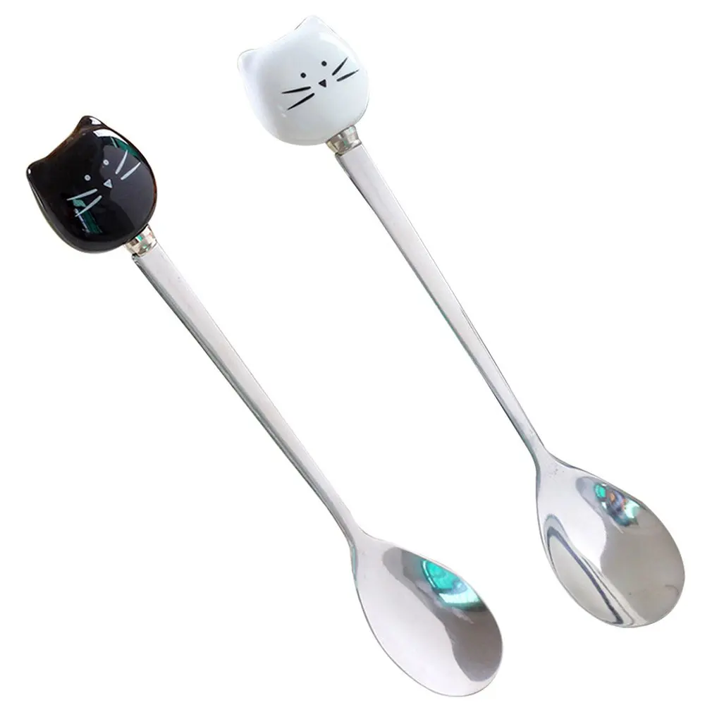 

Cartoon Cat Cake Spoon Ceramic Handle Stainless Steel Coffee Spoon Spoon Milk Mixing Spoon Mirror Polishing