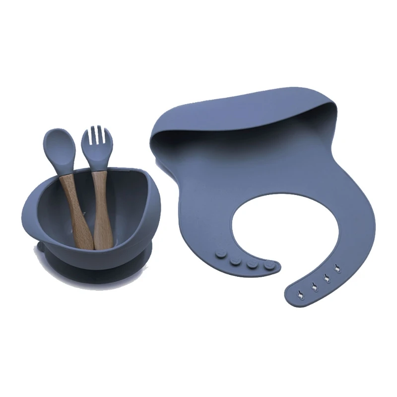 

T5EC New Colors Feeding Set Food Grade Silicone Waterproof Bibs Baby Non-silp Suction Bowl Kids Tableware BPA Free Spoon Fork