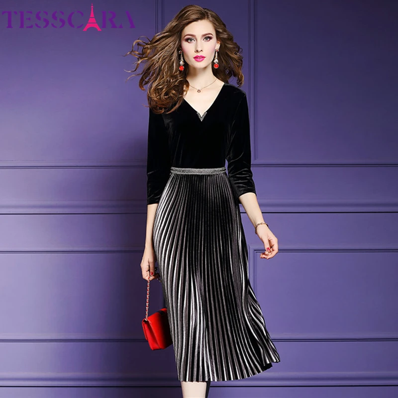 TESSCARA женское элегантное бархатное платье с бисером праздвечерние