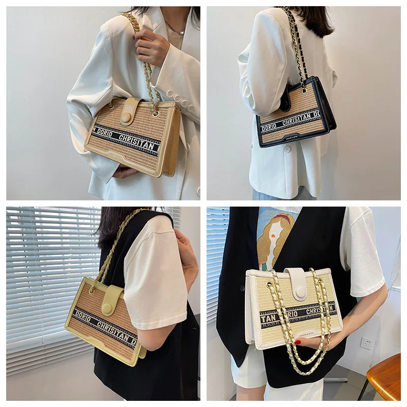 

Ladies Woven Straw Bag Handmade Paper rope Woven Handbag Fashion Popular Flap Square Holiday Beach Bag New Khaki Shoulder Bag