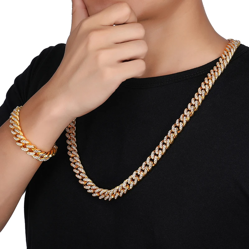 

Iced Out Bling Rhinestone Golden Finish Miami Cuban Link Chain Necklace Men's Hip hop Necklace Jewelry 16,18, 20,24 Inch
