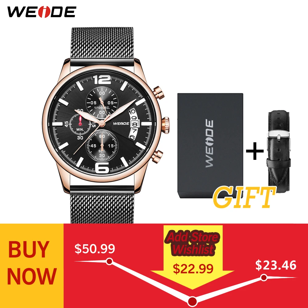 WEIDE кварцевые мужские спортивные часы с хронографом и тремя циферблатами, черный металлический ремешок, браслет, наручные часы, мужские часы