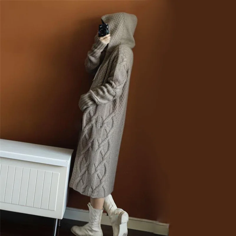 Woherb 2021 длинный кардиган Женский вязаный свитер с капюшоном свободный осенний
