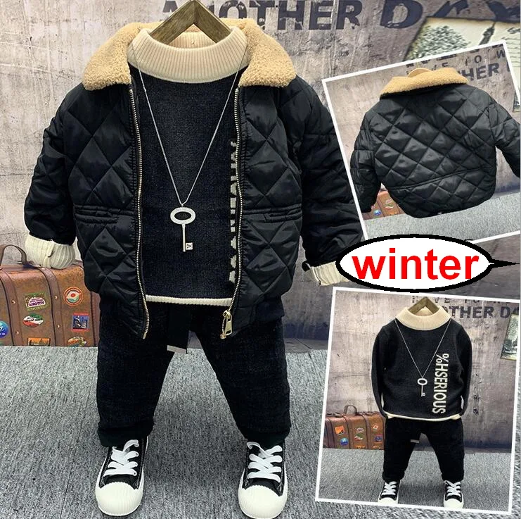 

Children Boys winter Kids Clothing Sets Baby Kids warm coat,Knit sweater,plush jeans 3pcs Toddler Boys Sports Clothes Set 2-6Y
