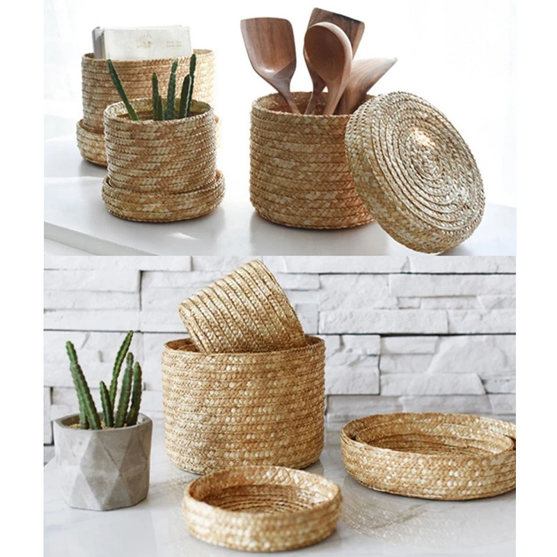 Плетеная корзина для хранения кукурузной шелухи с крышкой настольный органайзер