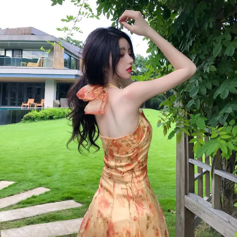 

Sweet Fairy Summer Court Painting Chiffon Lace Dress French Vintage Backless Elegant Woman Bow Halter Sexy Slim Mesh Midi Dress