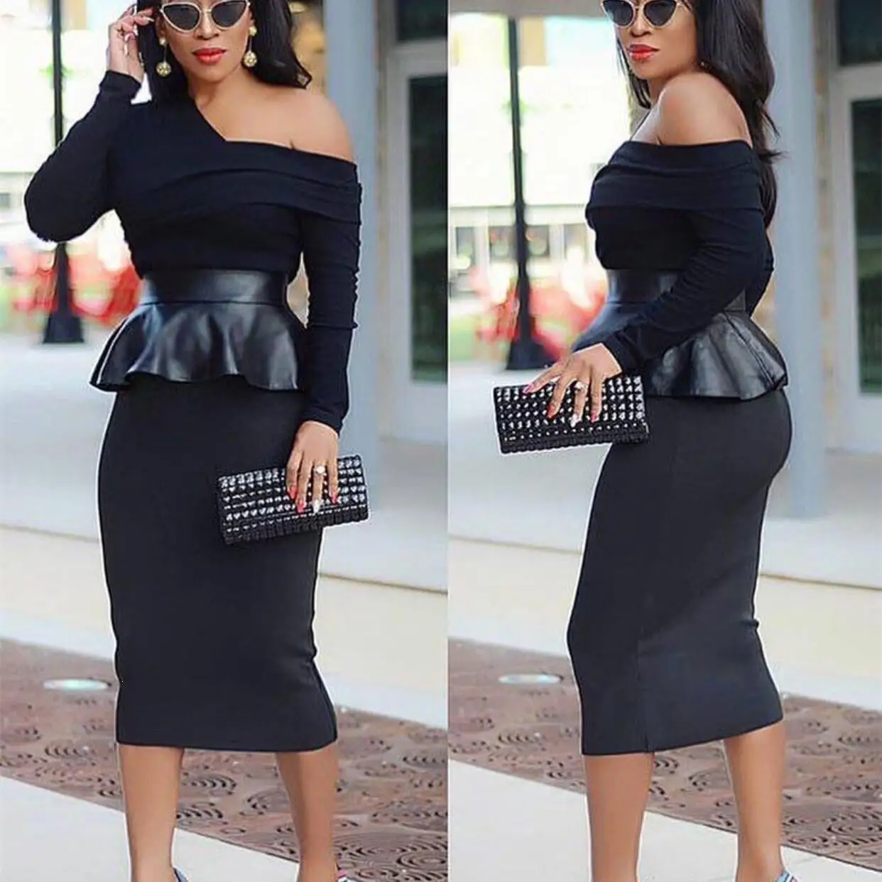 Одно плечо с длинным рукавом облегающее платье для женщин высокой талией