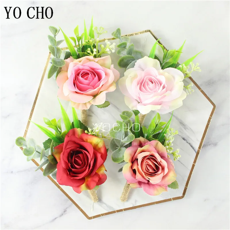 

YO CHO Wrist Corsage Girl Bracelet Groom Boutonniere Pin Wedding Men Buttonhole Bridesmaids Wristbands Wedding Silk Rose Flower