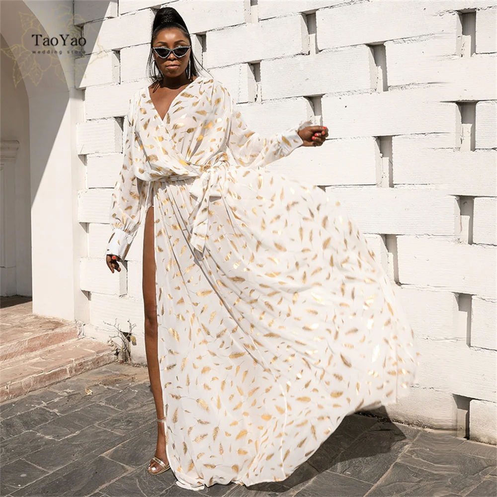 

Plus Size Evening Dress Long Printed Chiffon Ball Gown Long Sleeve V-neck Black Ball Gown Vestidos De Fiesta De Noche