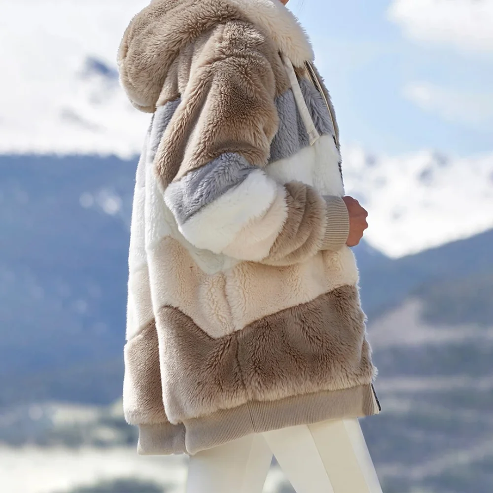 

2020 Winter Women's Coat Fashion Casual Stitching Plaid Ladies Clothes Hooded Zipper Ladies Coat Lamb Hair Women Jacket
