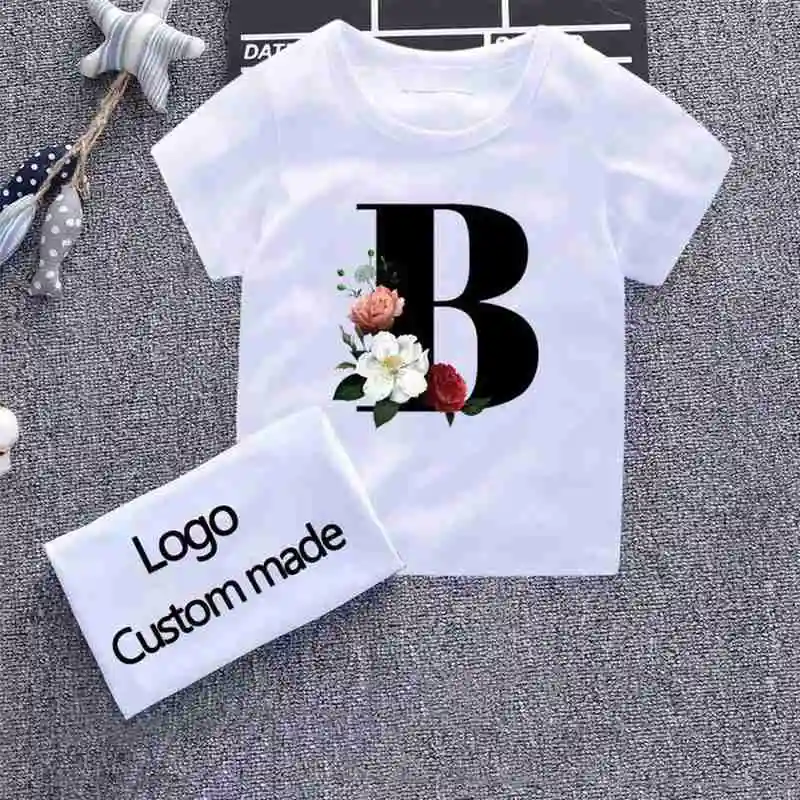 

2021 Summer and Autumn New Children's T-Shirt with Letters Short-Sleeved Shirt Neck Pullover and Round Flowers shirt T6D4