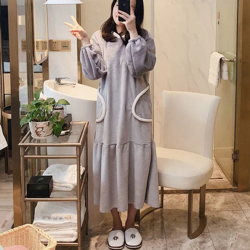 Facecloth Nightgown Winter Korean Version The Long Coral Velvet Pajamas Female Autumn Fresh Students Cute Maternity Home Clothes