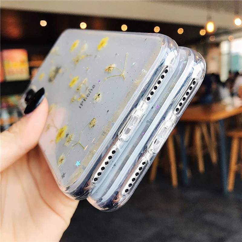 

Beautiful Real Dry Flowers Phone Case For iPhone 11 X XS XR XS Max 6 6S 7 8 Plus SE 2020 Protective Cover Transparent Soft TPU