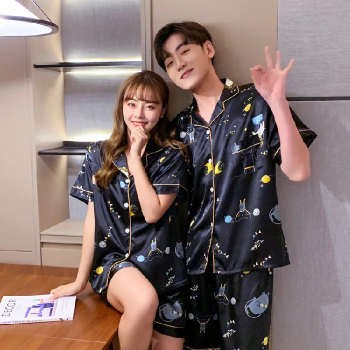 2021 Summer New Ice Silk Couple Pajamas Suit Short Sleeve Shorts Men's Women's Pajamas Home Wear Underwear Sleepwear Nightwear
