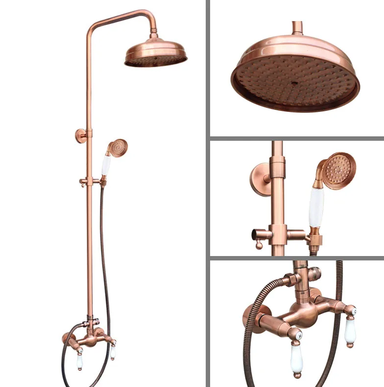 

Antique Red Copper Wall Mounted 8 Inch Rain Bathroom Rainfall Shower Faucet Set Double Handle Hand Spray Head Mixer Tap 2rg584