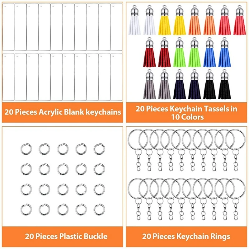 

Acrylic Keychain Blank Acrylic Transparent Ornament Pendants and Rectangle Keychain Tassels Jump Rings Set for DIY Craft