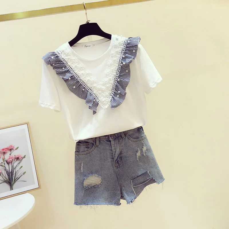 

Beading Ruffles Lace Patchwork O Neck Short-sleeved T-shirt Women's Spring Summer 2021 New Loose Tops