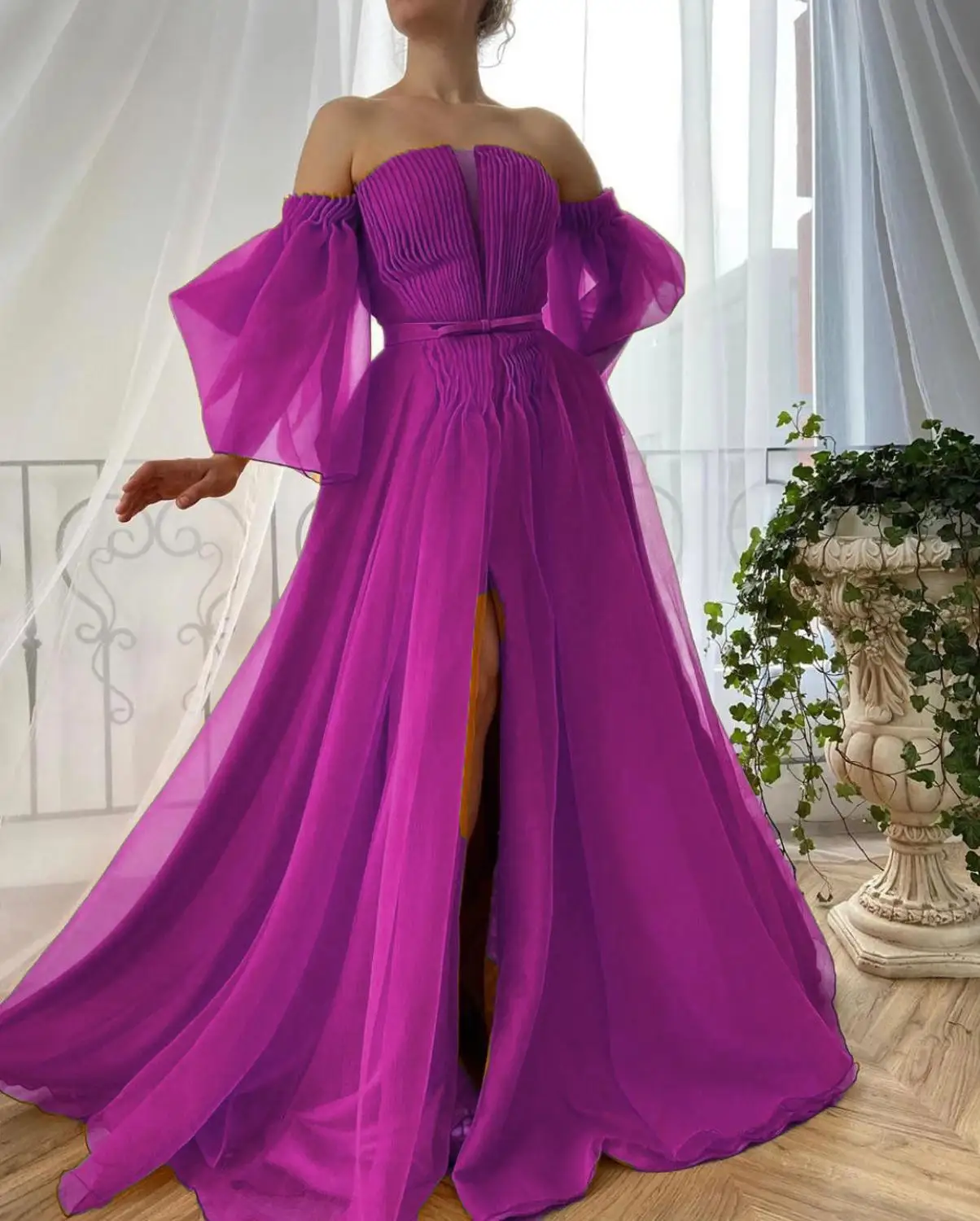 LORIE Alloy Organza Prom Dresses V-neck Off the Shoulder Formal Evening Gowns Long Puffy Sleeve Party Dress High Split Plus Size