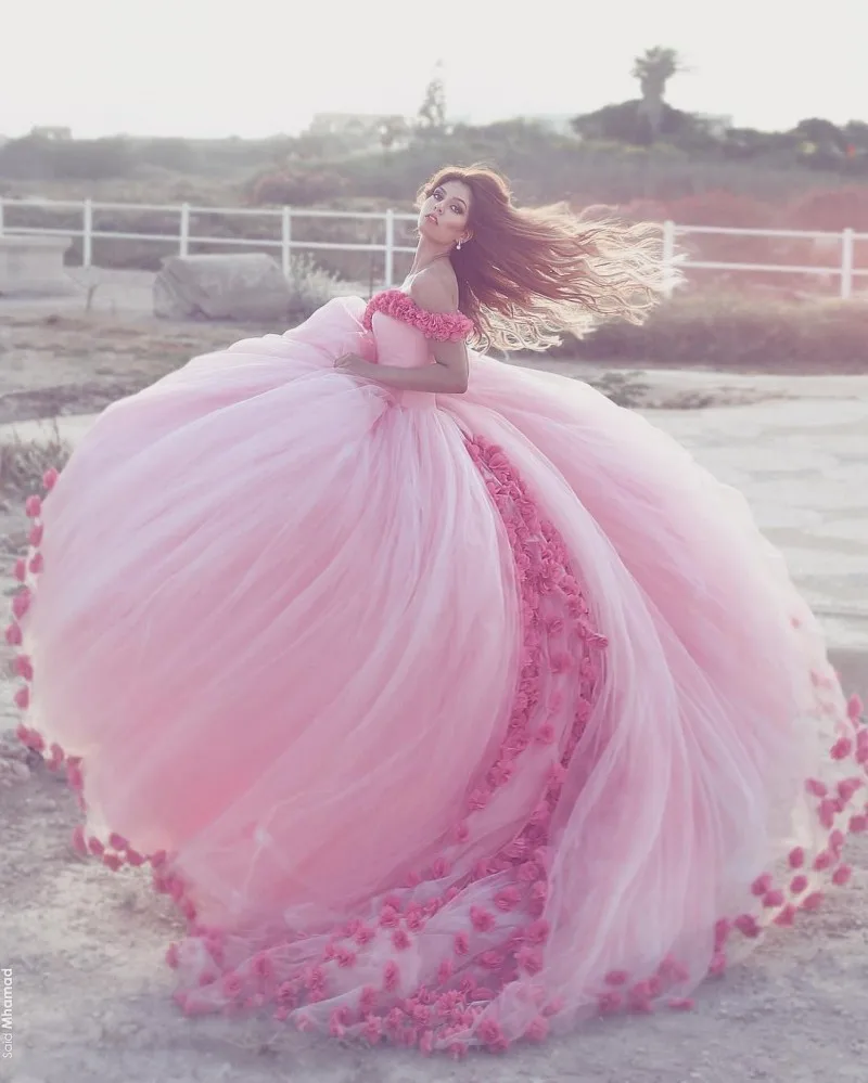 

Elegant Pink Ball Gown Wedding Dresses with 3D Floral Appliqued Arabic Bridal Gowns Vestido De Fiesta De Boda Engagement dress